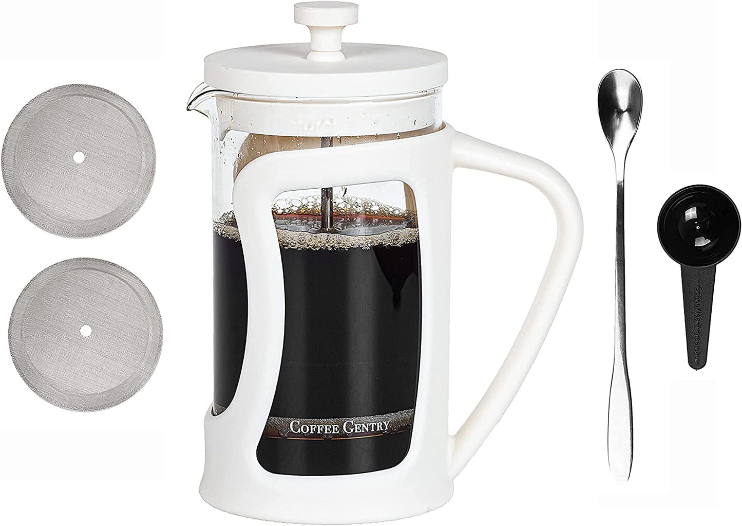 Premium French Press Coffee Maker Small W/ 2 Extra Filters, Scoop, Stirring Spoon- (20 Fl. Ounce) (Marshmallow White)