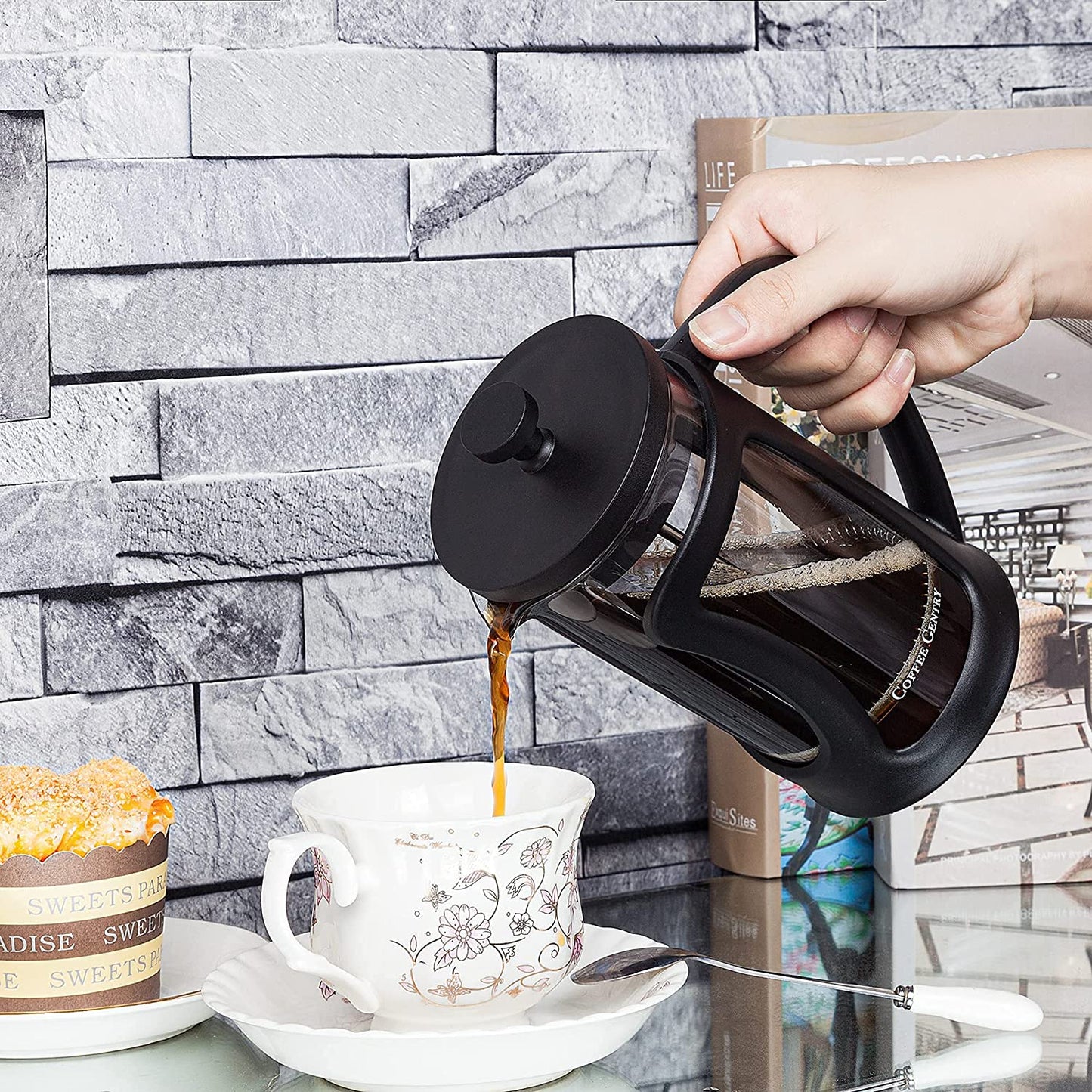 Premium French Press Coffee Maker Small W/ 2 Extra Filters and Scoop (20 Fl. Ounce) (Black)