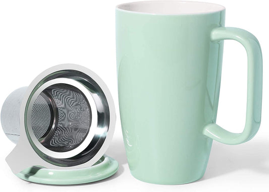 Ceramic Tea Cup with Infuser and Lid, Tea Infuser Cup for Loose Tea, 15 OZ Turquoise Tea Mug for Steeping
