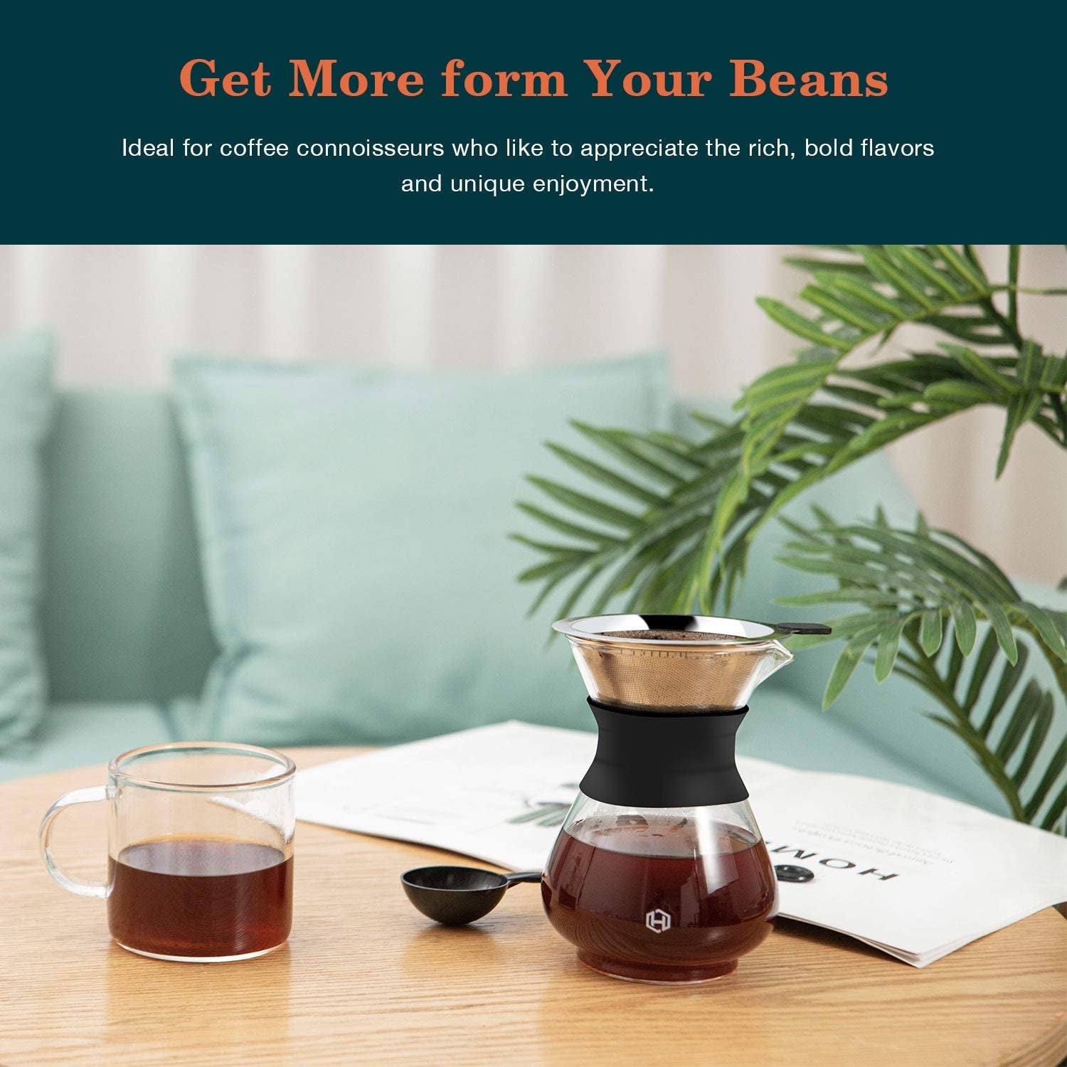 Pour over Coffee Maker Set 14 Oz Pour over Coffee Dripper with Paperless Reusable Stainless Steel Cone Filter, Glass Coffee Carafe with Protective Silicone Sleeve