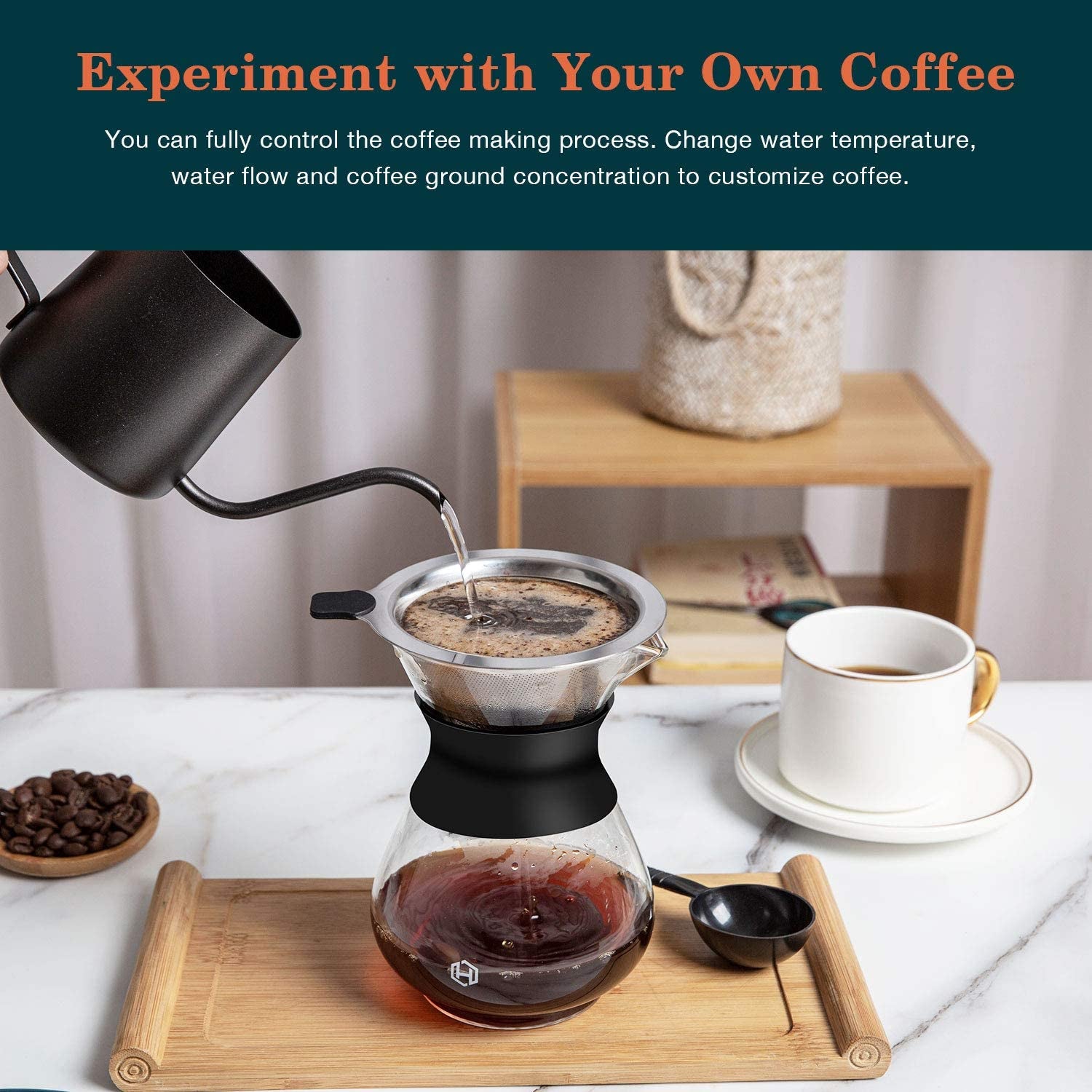 Pour over Coffee Maker Set 14 Oz Pour over Coffee Dripper with Paperless Reusable Stainless Steel Cone Filter, Glass Coffee Carafe with Protective Silicone Sleeve