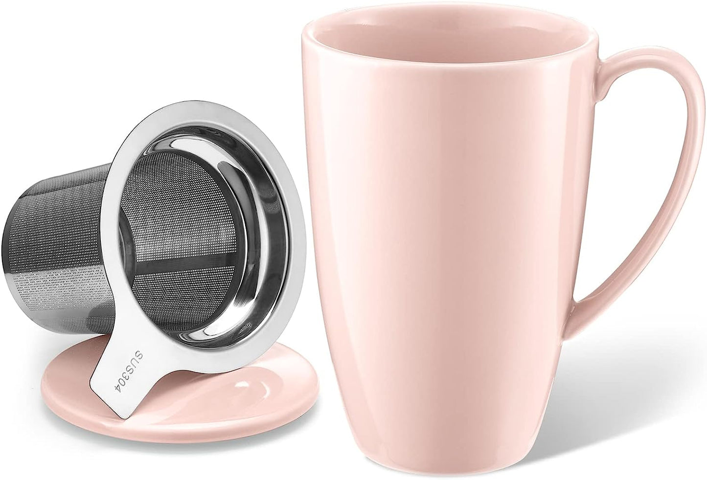 Porcelain Tea Mug with Infuser and Lid- 15 Ounce Tea Cup with Filter for Tea, Milk, Coffee, Loose Leaf Tea Infusers, Pink