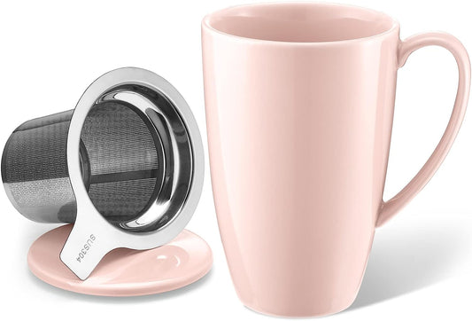 Porcelain Tea Mug with Infuser and Lid- 15 Ounce Tea Cup with Filter for Tea, Milk, Coffee, Loose Leaf Tea Infusers, Pink