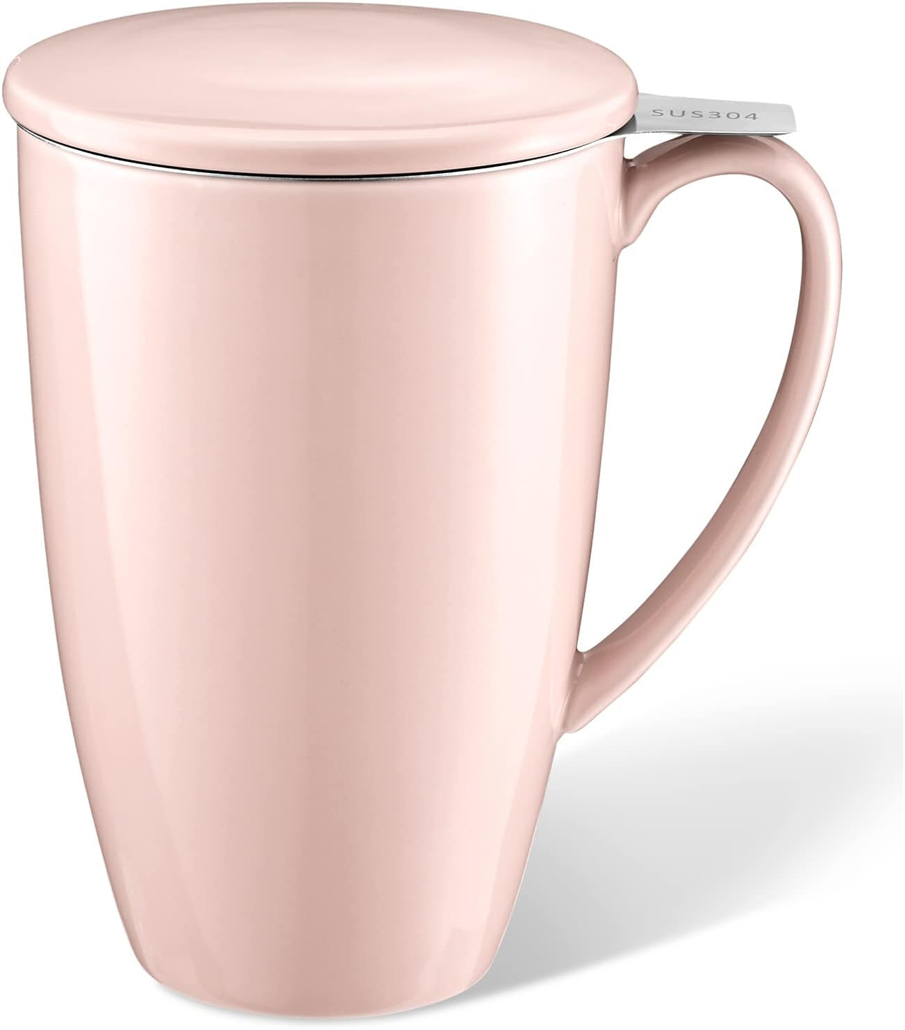 Porcelain Tea Mug with Infuser and Lid- 15 Ounce Tea Cup with Filter for Tea, Milk, Coffee, Loose Leaf Tea Infusers, Pink