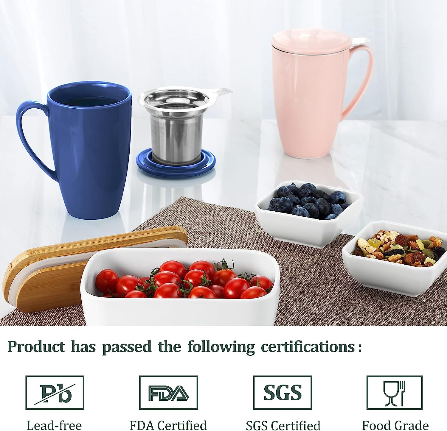 Porcelain Tea Mug with Infuser and Lid- 15 Ounce Tea Cup with Filter for Tea, Milk, Coffee, Loose Leaf Tea Infusers, Pink