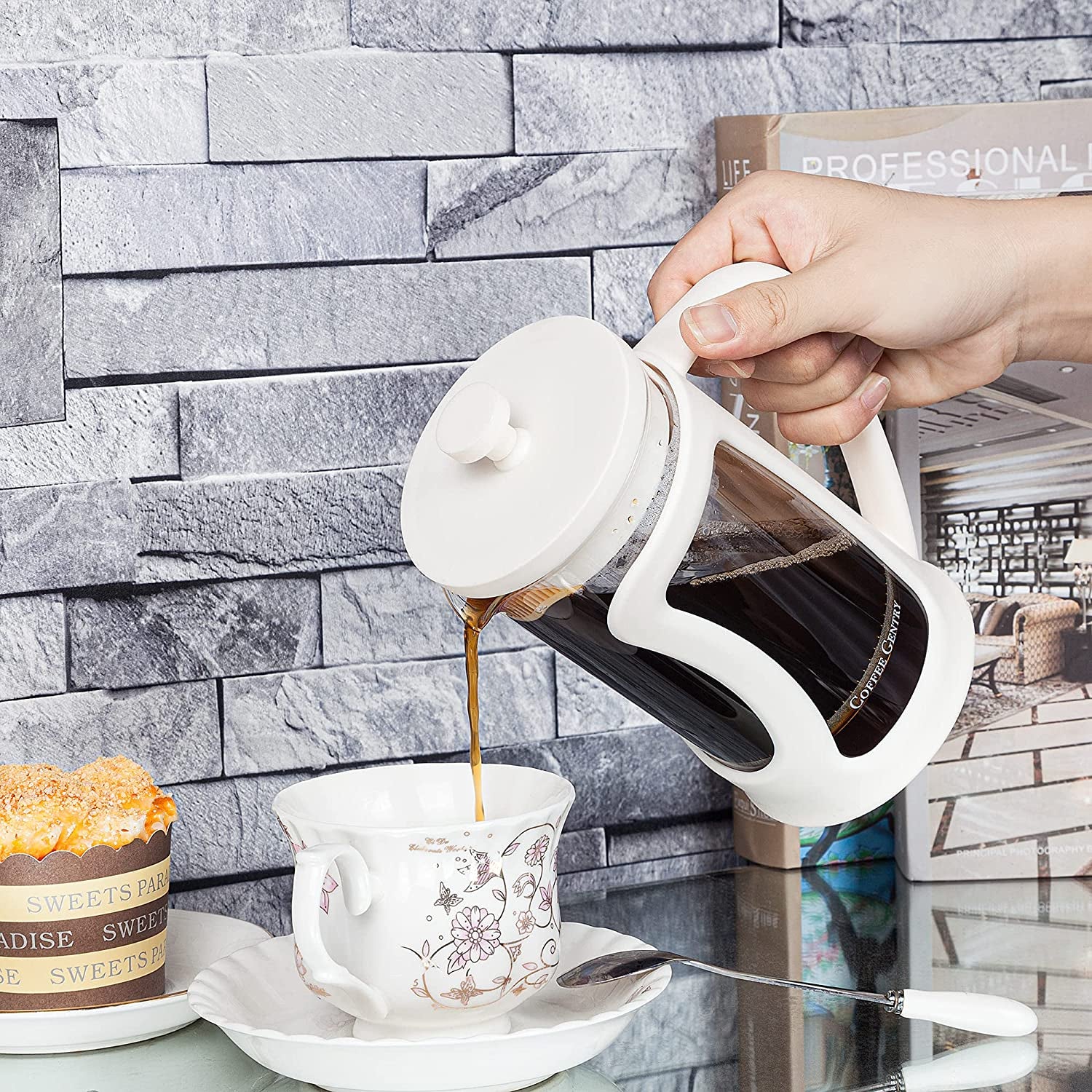 Premium French Press Coffee Maker Small W/ 2 Extra Filters, Scoop, Stirring Spoon- (20 Fl. Ounce) (Marshmallow White)