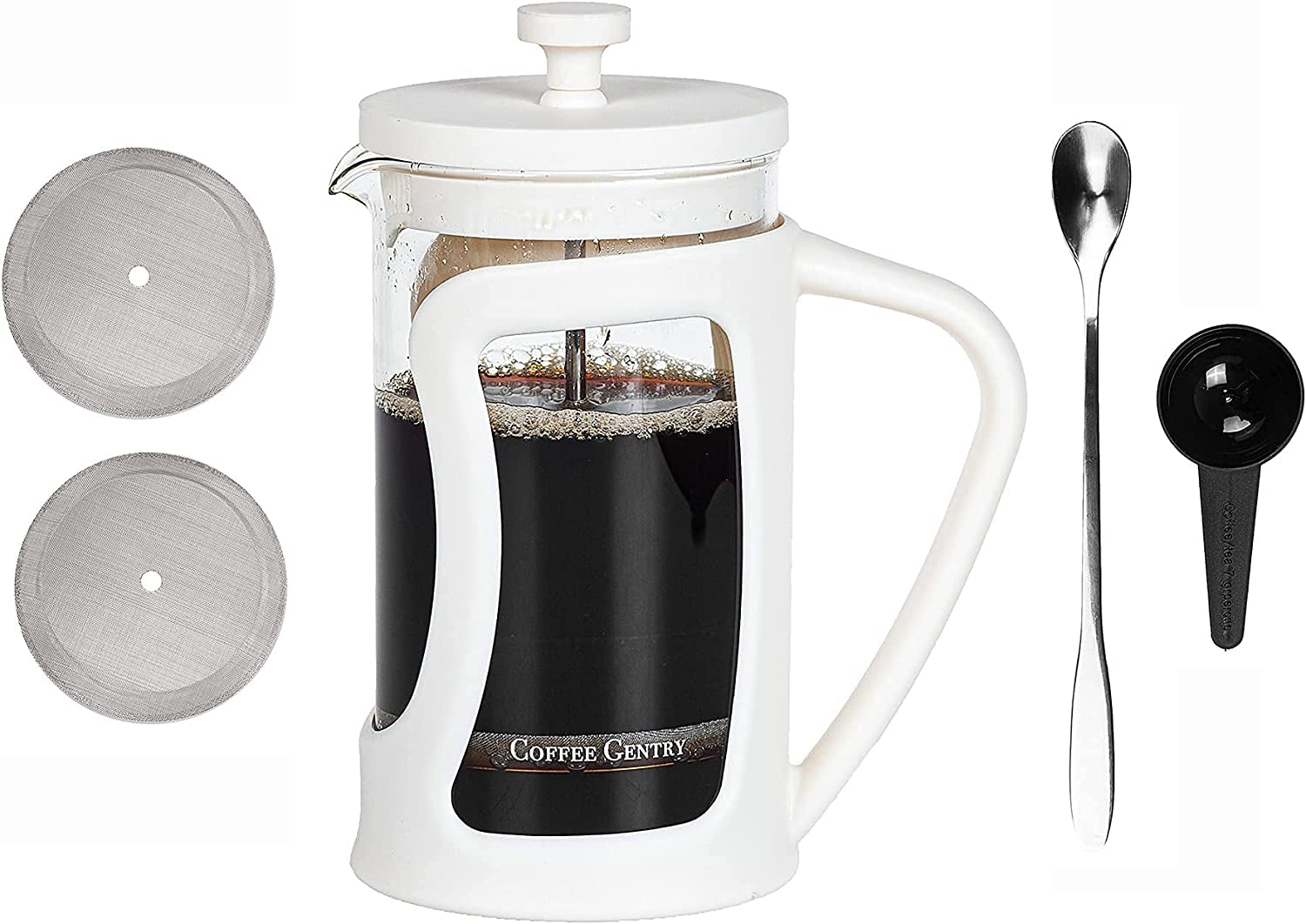 Premium French Press Coffee Maker Small W/ 2 Extra Filters, Scoop, Stirring Spoon- (20 Fl. Ounce) (Marshmallow White)