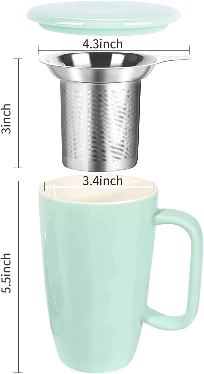 Ceramic Tea Cup with Infuser and Lid, Tea Infuser Cup for Loose Tea, 15 OZ Turquoise Tea Mug for Steeping