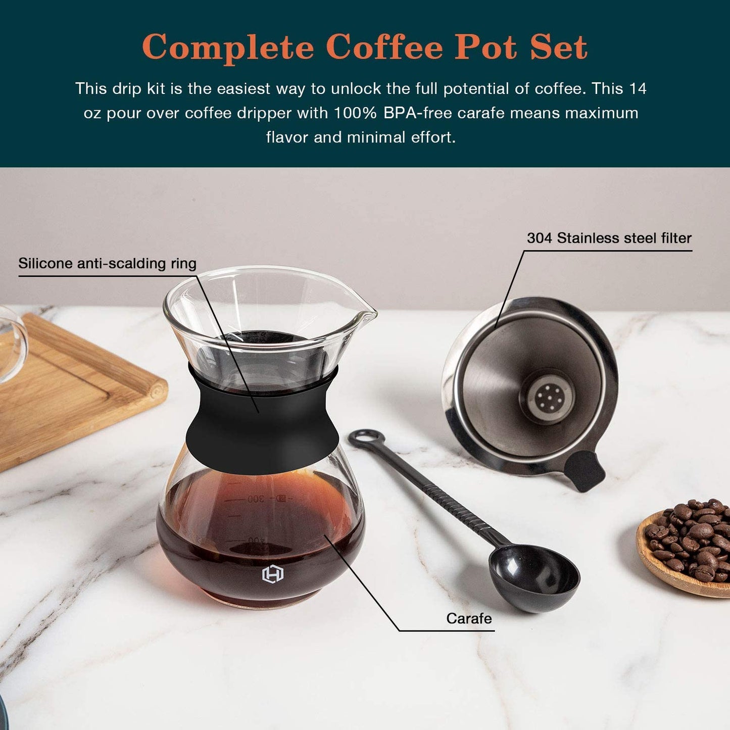 Pour over Coffee Maker Set 14 Oz Pour over Coffee Dripper with Paperless Reusable Stainless Steel Cone Filter, Glass Coffee Carafe with Protective Silicone Sleeve
