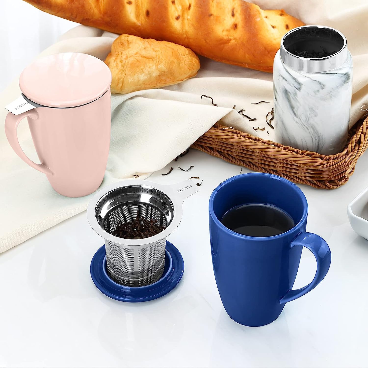 Porcelain Tea Mug with Infuser and Lid- 15 Ounce Tea Cup with Filter for Tea, Milk, Coffee, Loose Leaf Tea Infusers, Pink