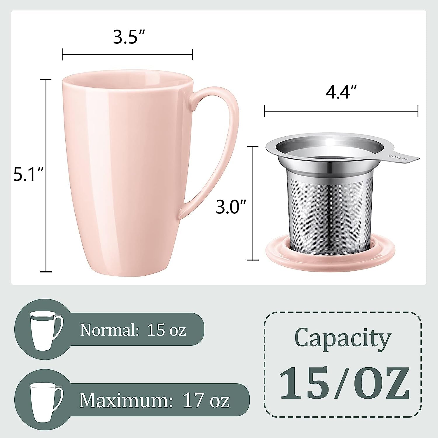 Porcelain Tea Mug with Infuser and Lid- 15 Ounce Tea Cup with Filter for Tea, Milk, Coffee, Loose Leaf Tea Infusers, Pink