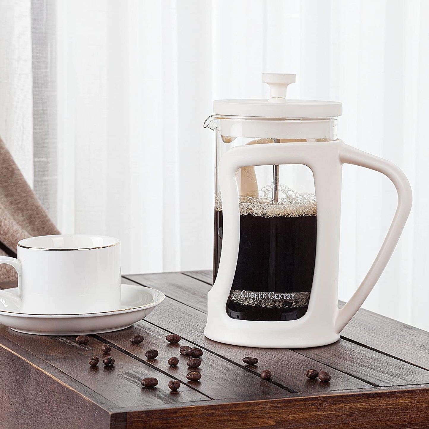 Premium French Press Coffee Maker Small W/ 2 Extra Filters, Scoop, Stirring Spoon- (20 Fl. Ounce) (Marshmallow White)