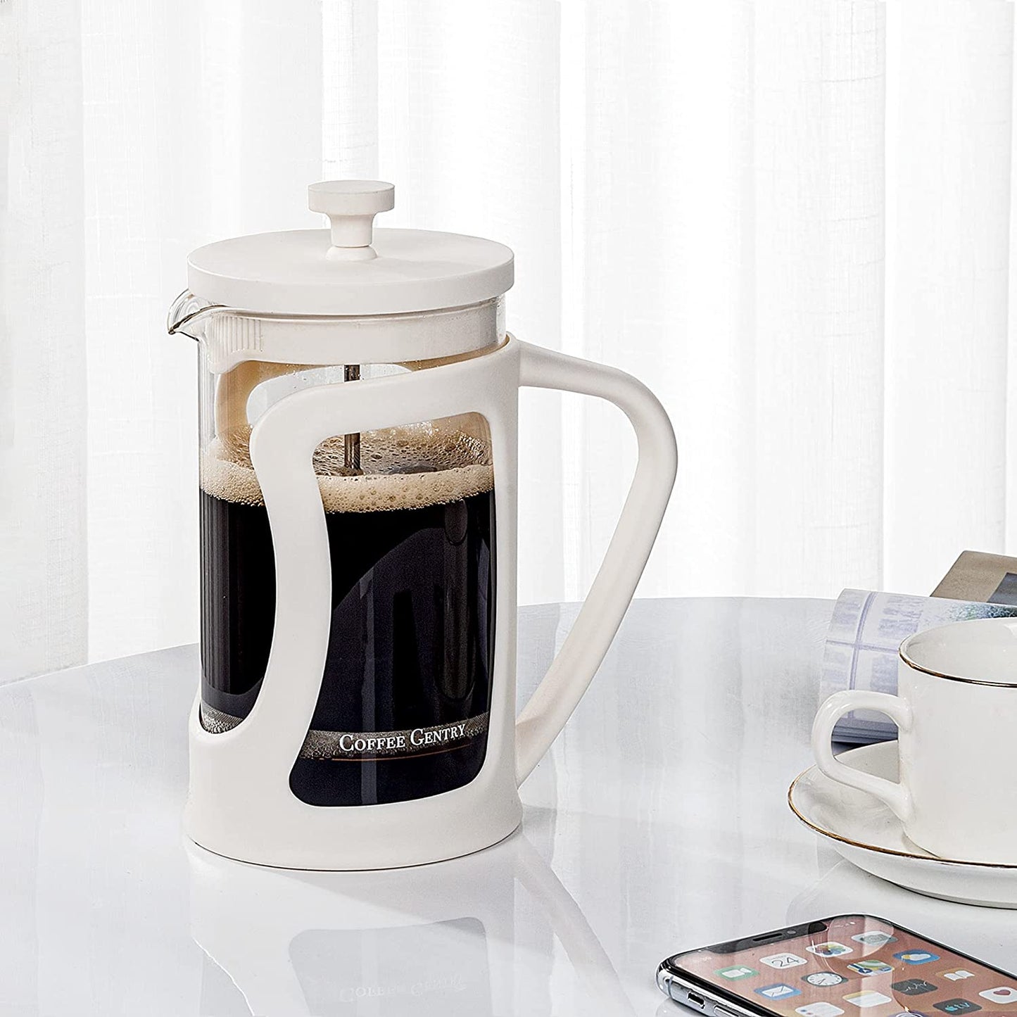 Premium French Press Coffee Maker Small W/ 2 Extra Filters, Scoop, Stirring Spoon- (20 Fl. Ounce) (Marshmallow White)