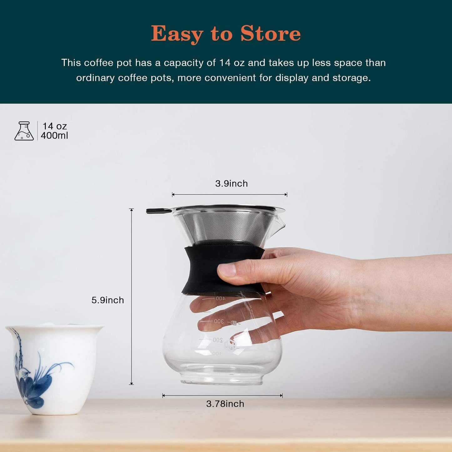 Pour over Coffee Maker Set 14 Oz Pour over Coffee Dripper with Paperless Reusable Stainless Steel Cone Filter, Glass Coffee Carafe with Protective Silicone Sleeve