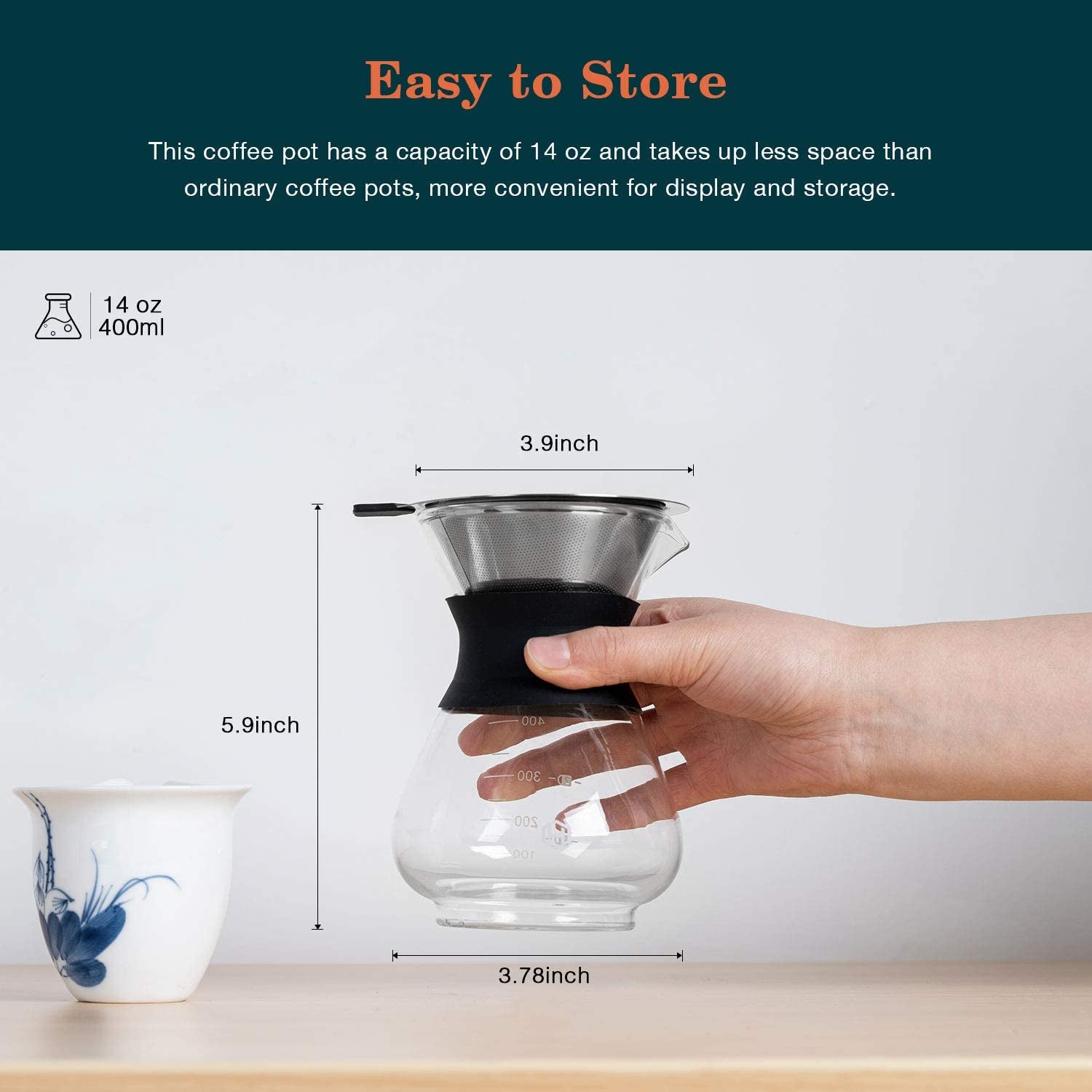 Pour over Coffee Maker Set 14 Oz Pour over Coffee Dripper with Paperless Reusable Stainless Steel Cone Filter, Glass Coffee Carafe with Protective Silicone Sleeve