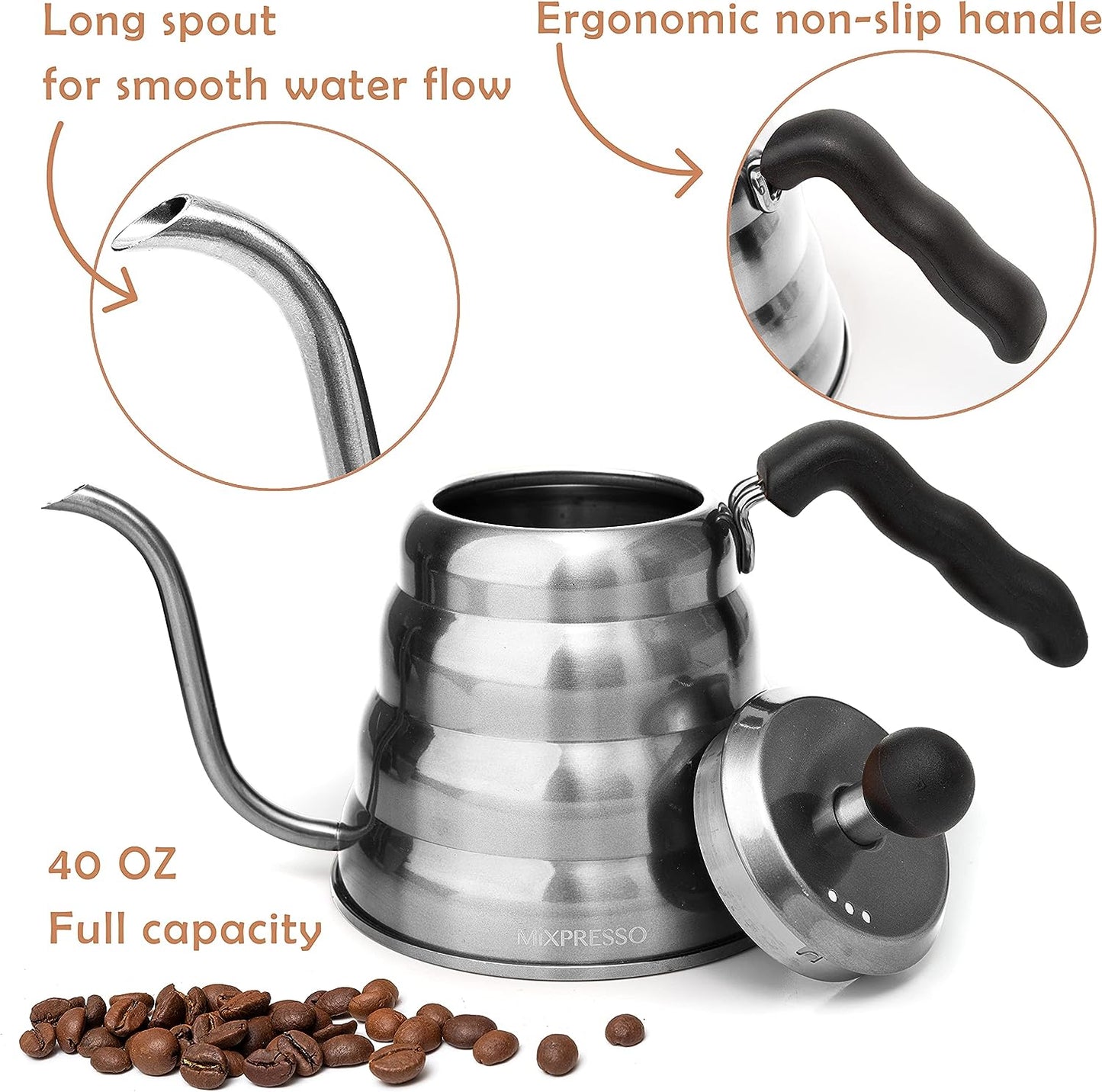 Gooseneck Pour over Coffee Kettle, Barista Pour Control Design, Ideal for Coffee and Tea, High-Grade Stainless Steel I 1.2 Liter (40 OZ), Induction Cooker Stovetop Kettle (Stainless Steel)