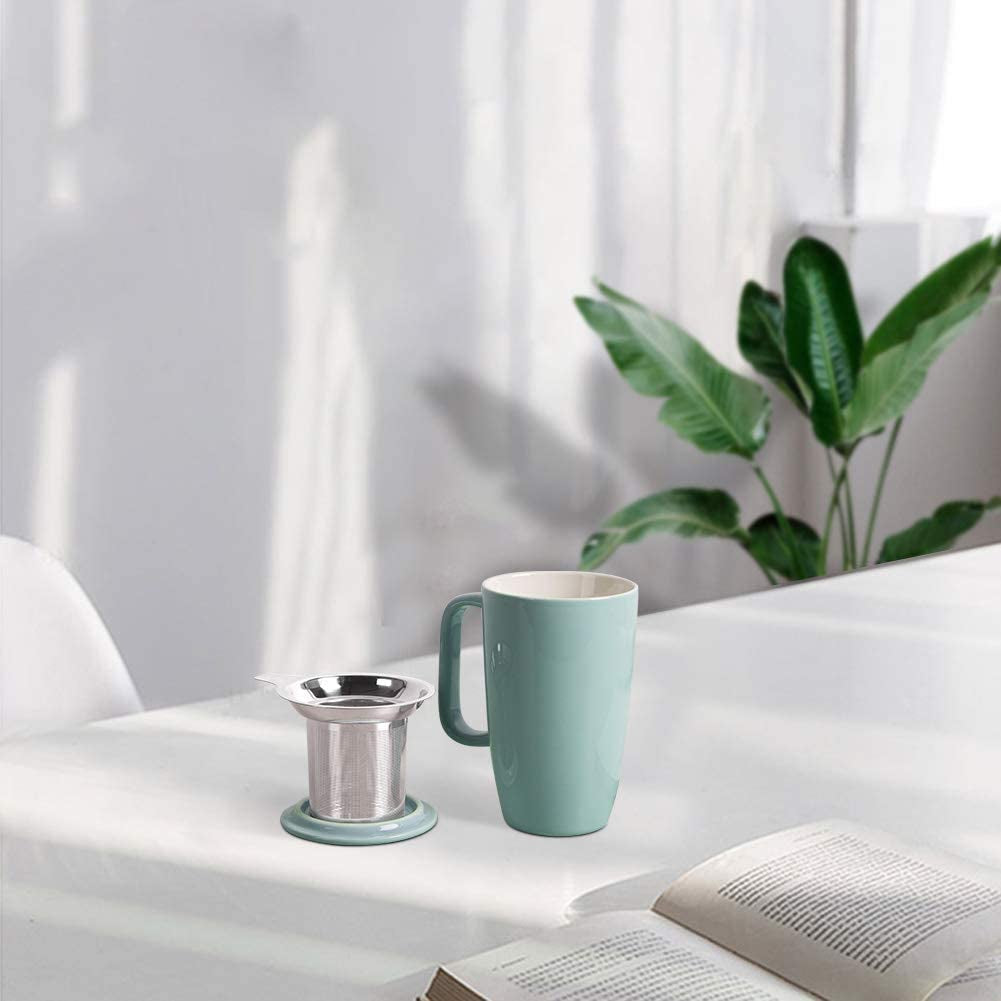 Ceramic Tea Cup with Infuser and Lid, Tea Infuser Cup for Loose Tea, 15 OZ Turquoise Tea Mug for Steeping