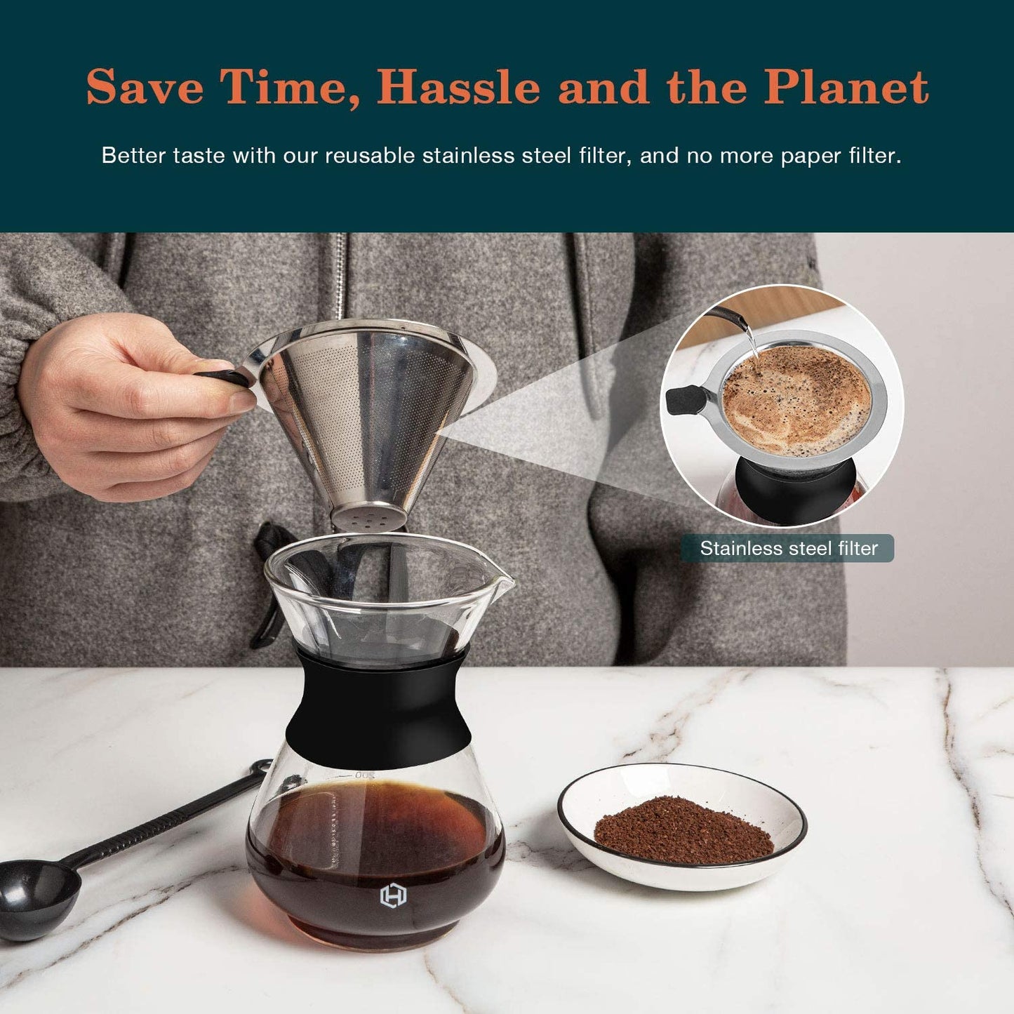 Pour over Coffee Maker Set 14 Oz Pour over Coffee Dripper with Paperless Reusable Stainless Steel Cone Filter, Glass Coffee Carafe with Protective Silicone Sleeve