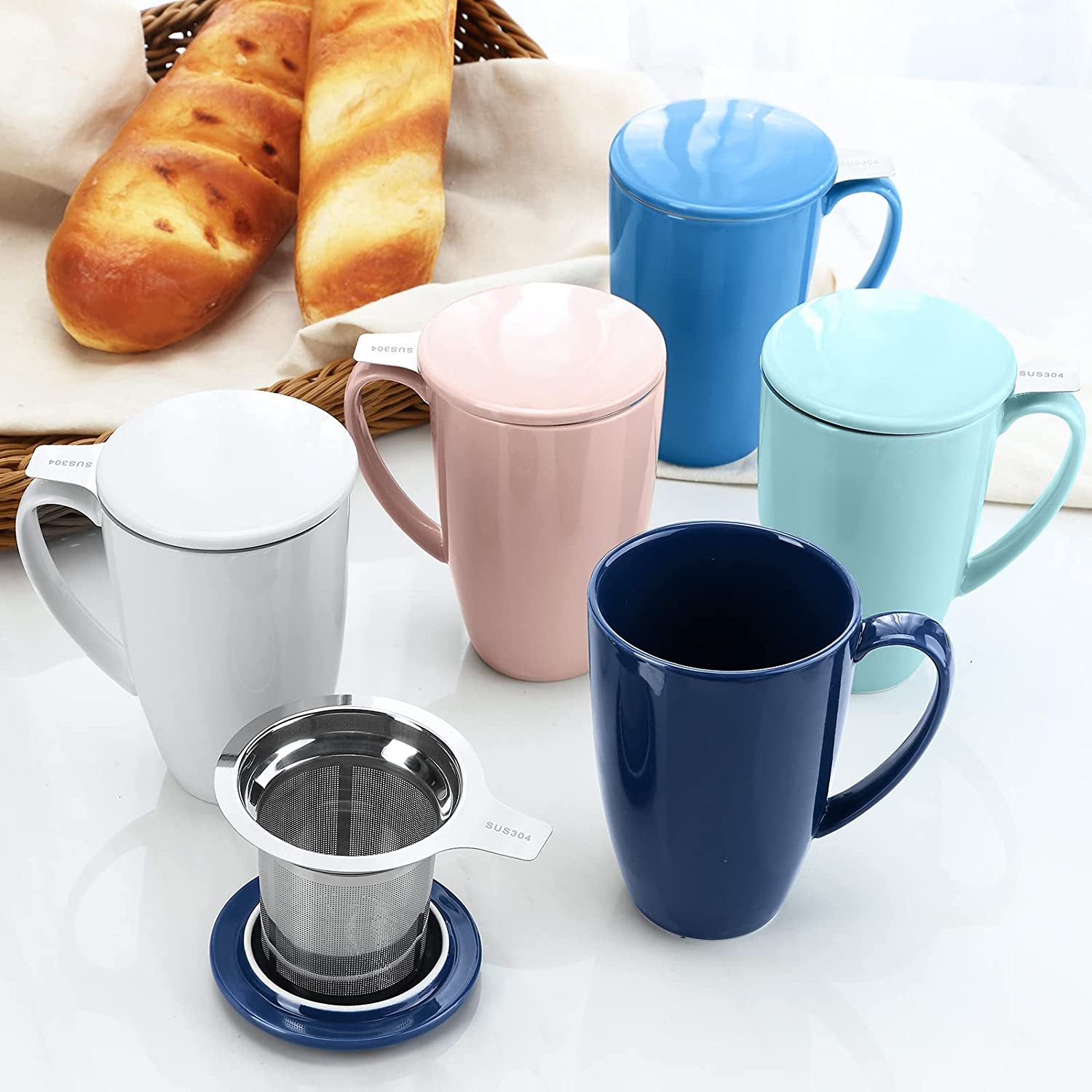 Porcelain Tea Mug with Infuser and Lid- 15 Ounce Tea Cup with Filter for Tea, Milk, Coffee, Loose Leaf Tea Infusers, Pink