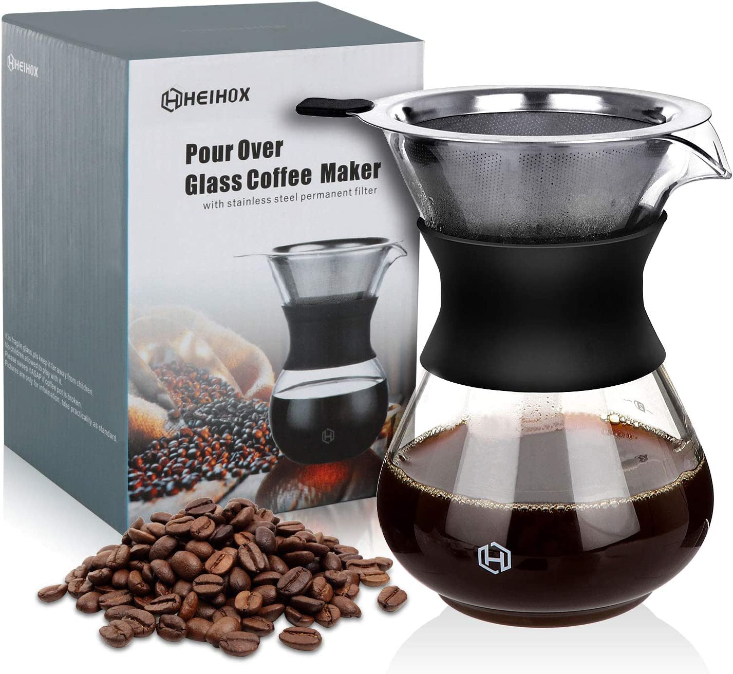 Pour over Coffee Maker Set 14 Oz Pour over Coffee Dripper with Paperless Reusable Stainless Steel Cone Filter, Glass Coffee Carafe with Protective Silicone Sleeve